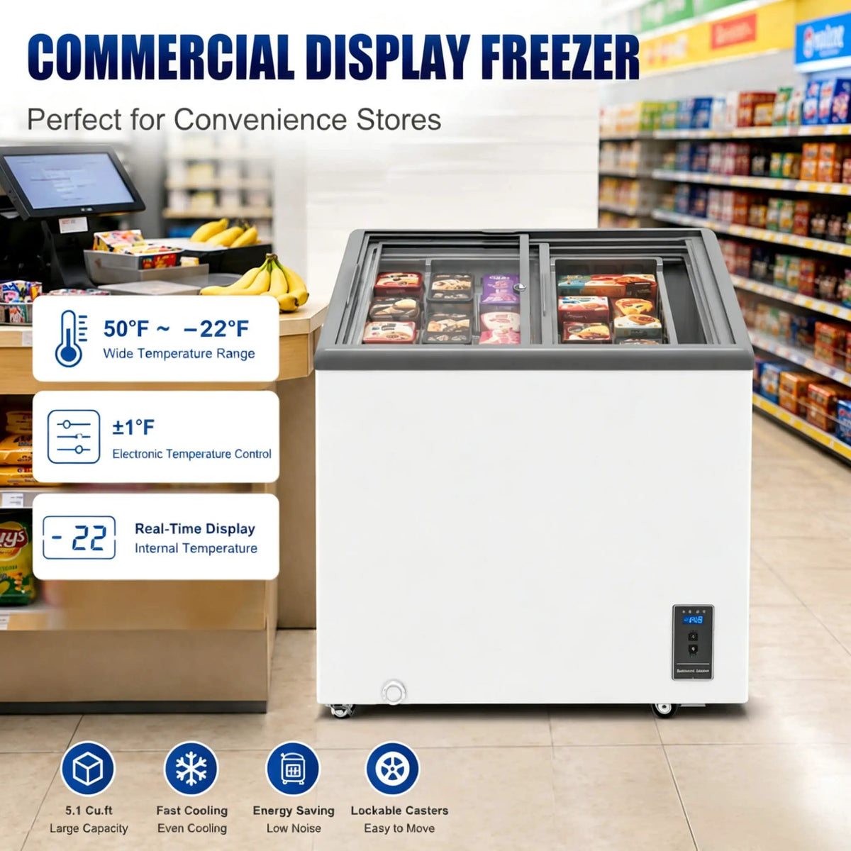 Commercial Display Chest Freezer | Sliding Glass Door | Variable-Frequency Compressor | High-Efficiency Cooling