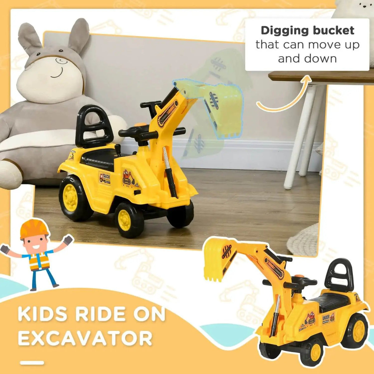 Kids Ride On Excavator Cart | Foot Powered | Front Bucket With Horn