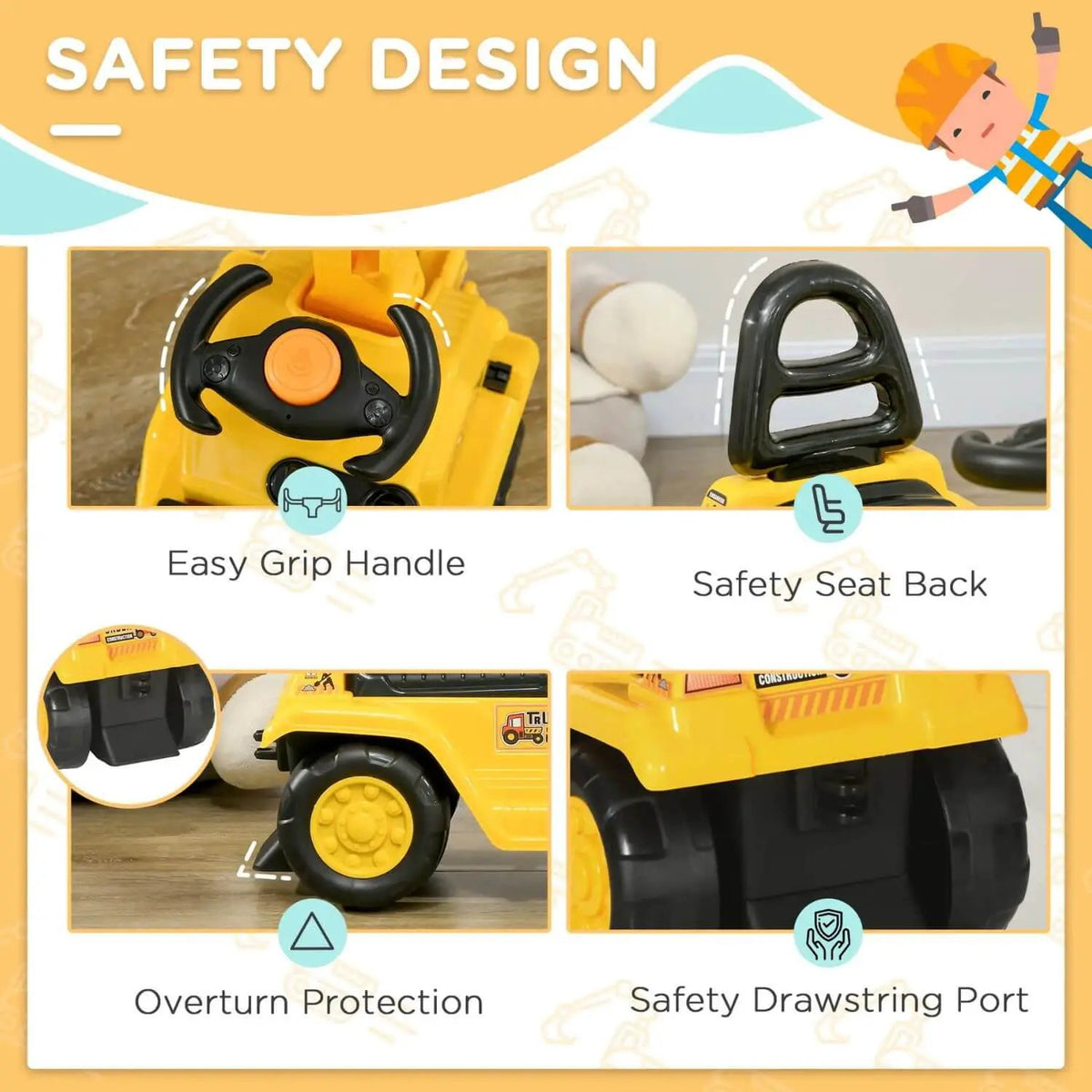 Kids Ride On Excavator Cart | Foot Powered | Front Bucket With Horn