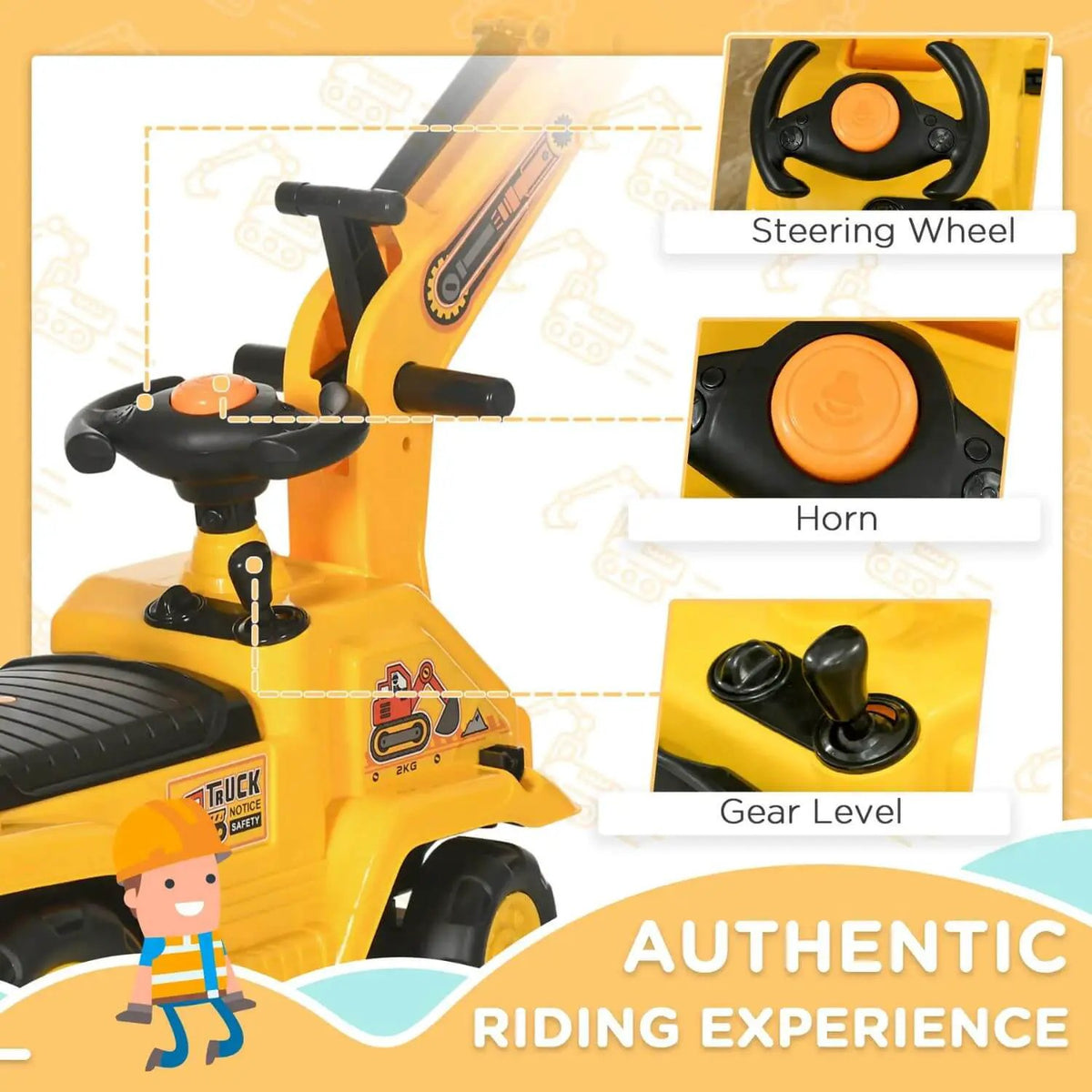 Kids Ride On Excavator Cart | Foot Powered | Front Bucket With Horn