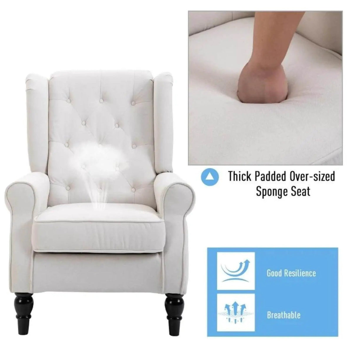 Nursery Wingback Chair | Tufted Backrest | Padded Seat | Cream White