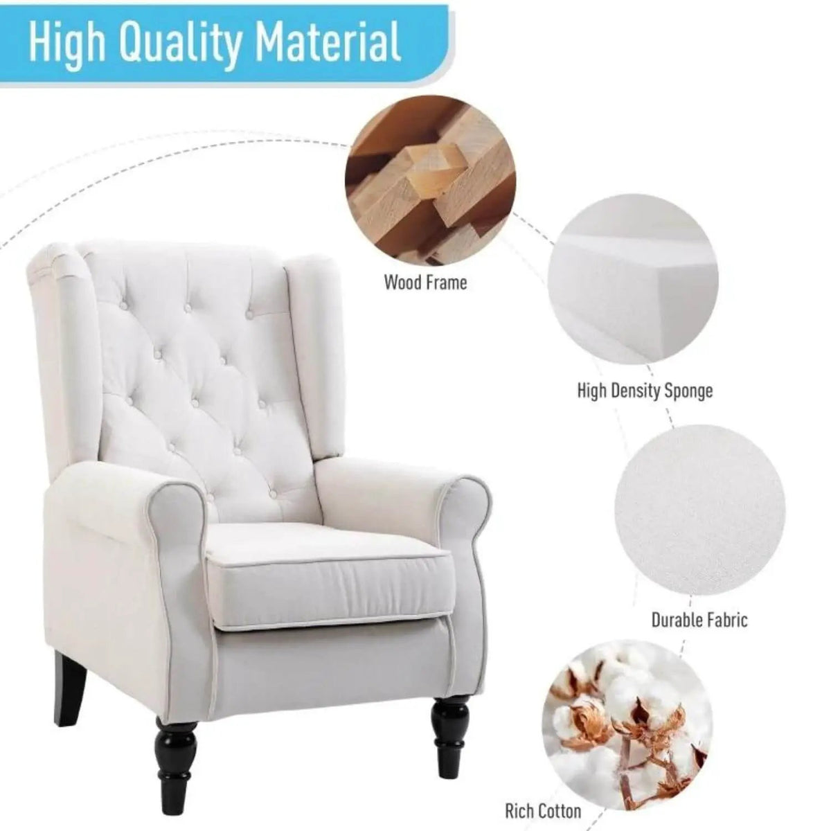 Nursery Wingback Chair | Tufted Backrest | Padded Seat | Cream White