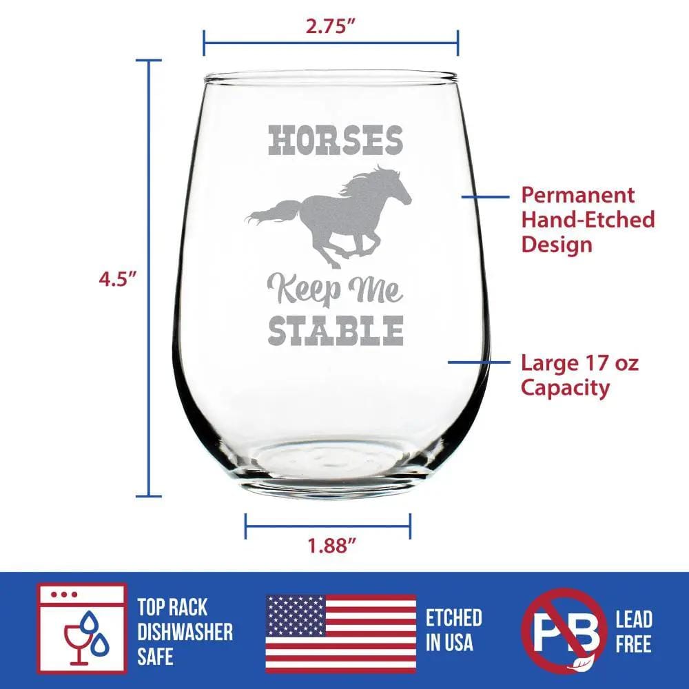 Etched Stemless Wine Glass | 17 oz | Dishwasher Safe | Horses Keep Me Stable