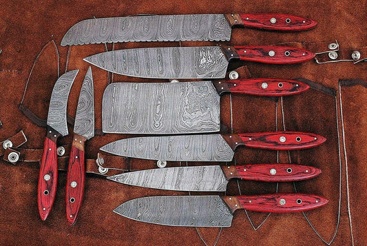 Custom Handmade Damascus Steel Chef Knife - 13” with Pakka Wood Handle & Leather Roll | 8 Inch | Damascus Steel | Kitchen Knives Set