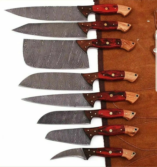 Custom Handmade Damascus Kitchen Knife Set 13” with Olive, Rose, or Pakka Wood | 8 Inch | Damascus Steel | Kitchen Knives Set