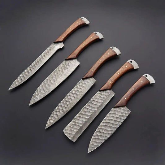 Premium Custom Handmade Damascus Kitchen Knives Set Rosewood Handles & Leather Roll | Damascus Steel | Home Use | Home