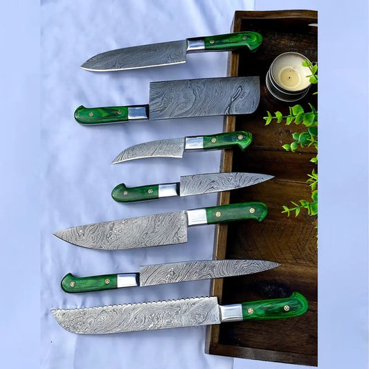 Custom Handmade Damascus Steel Knife 13” Pakka Wood Handle, Steel Bolster & Leather | 8 Inch | Damascus Steel | Kitchen Knives Set