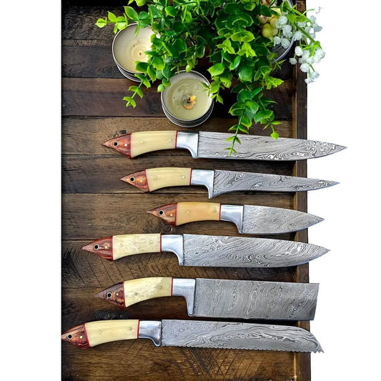Custom Handmade Damascus Steel Knife Set 13” Camel Bone or Pakka Wood Handle with | 8 Inch | Damascus Steel | Kitchen Knives Set