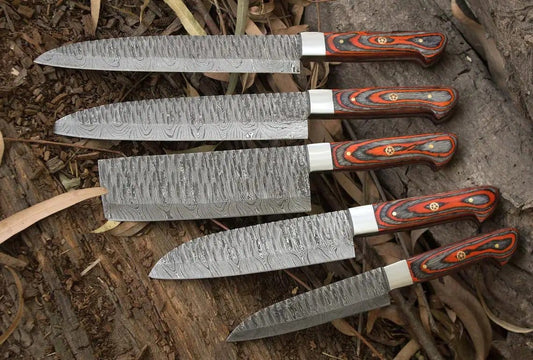 Custom Handmade Damascus Kitchen Knives Set Exotic Wood Handles with Steel Bolsters | 13 Inch | Damascus Steel | Home