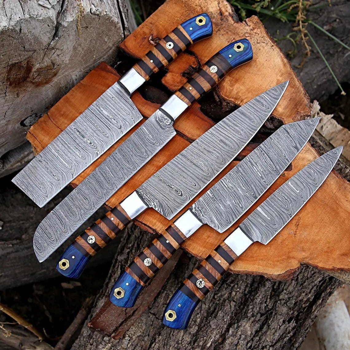 Custom Handmade Forged Damascus Steel Kitchen Chef Set Rosewood & Olive Wood | 13 Inch | Damascus Steel | Kitchen Knives Set