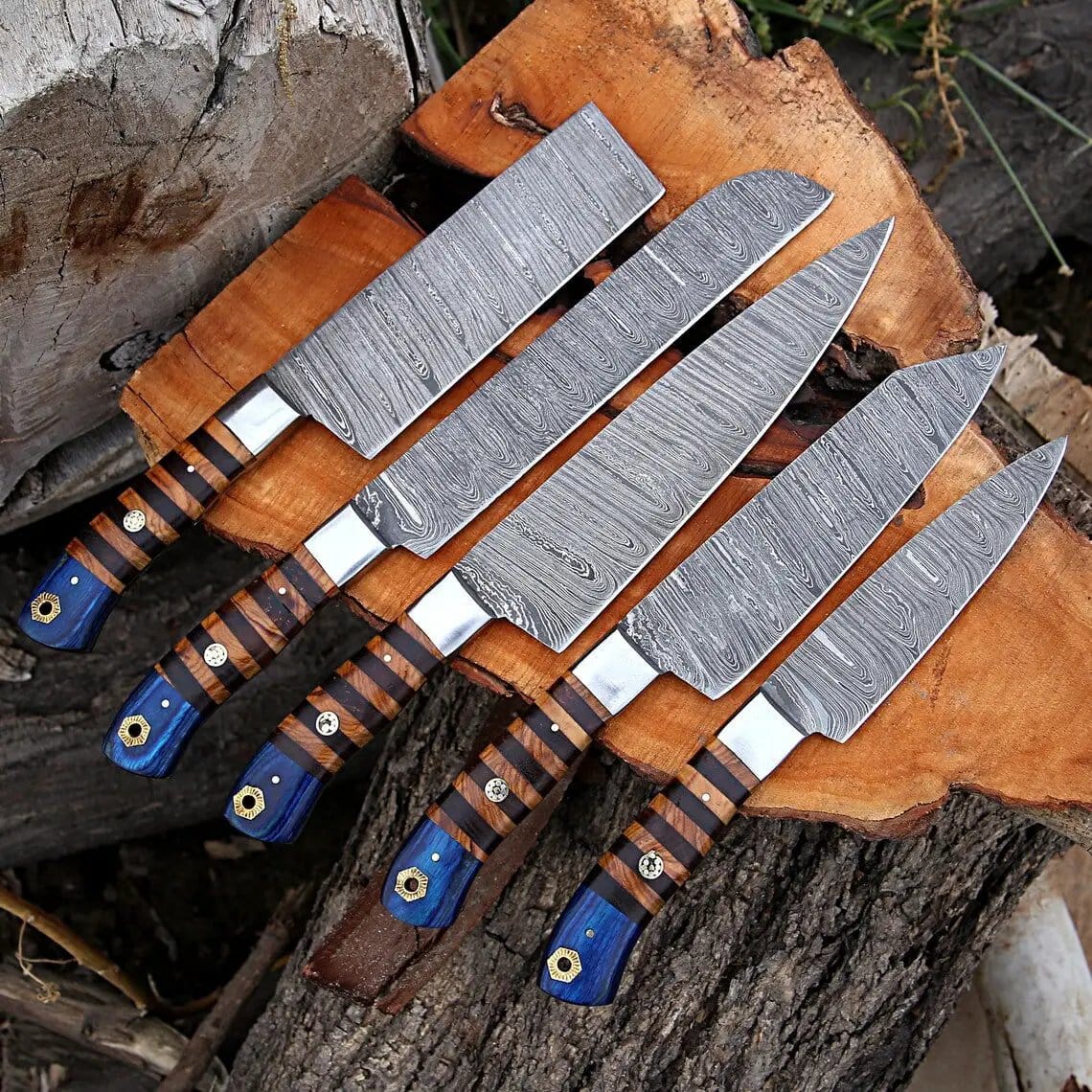 Custom Handmade Forged Damascus Steel Kitchen Chef Set Rosewood & Olive Wood | 13 Inch | Damascus Steel | Kitchen Knives Set