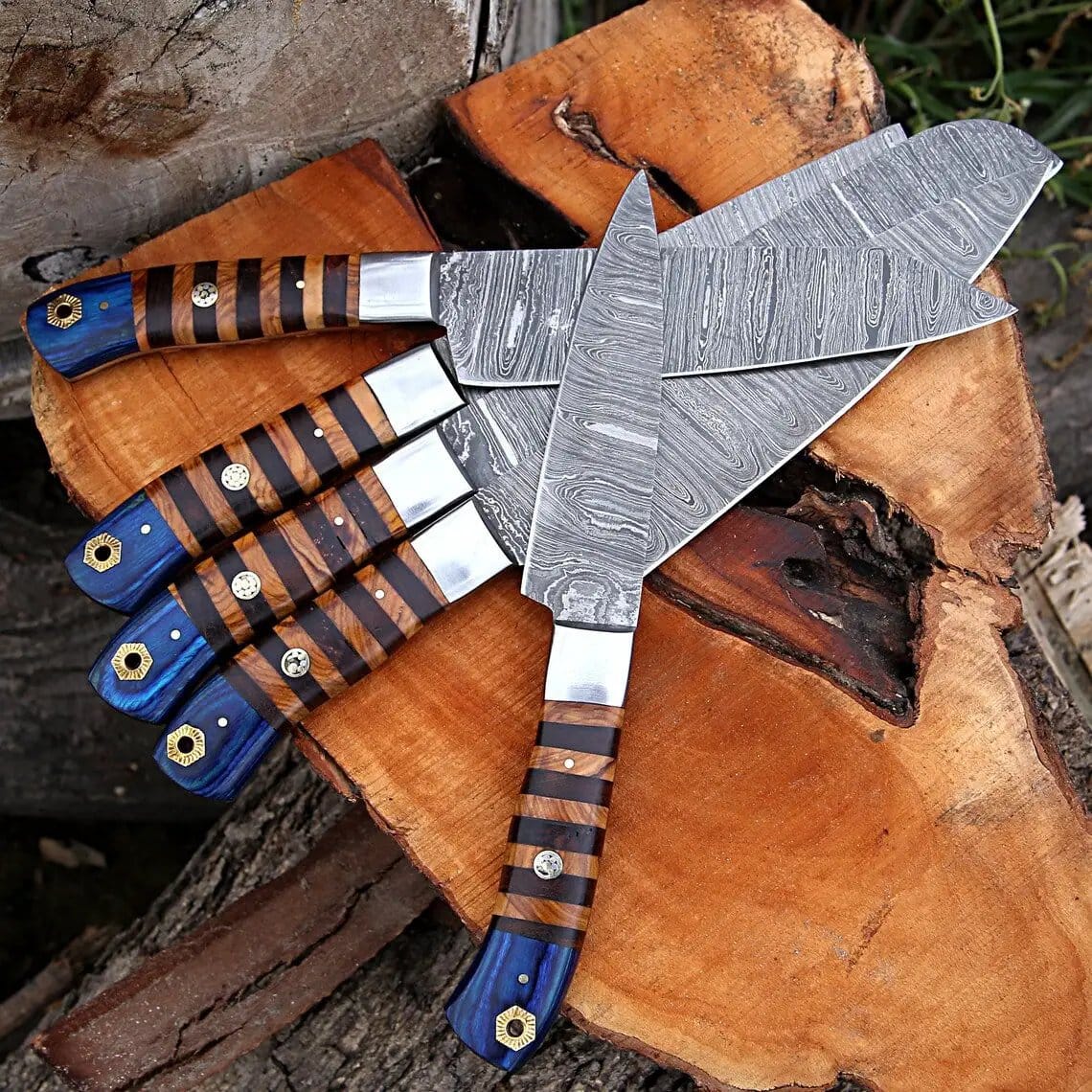 Custom Handmade Forged Damascus Steel Kitchen Chef Set Rosewood & Olive Wood | 13 Inch | Damascus Steel | Kitchen Knives Set
