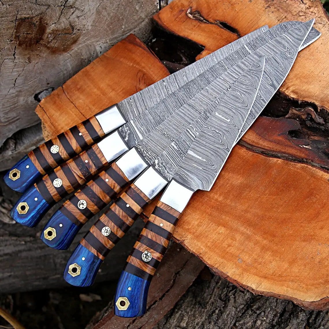 Custom Handmade Forged Damascus Steel Kitchen Chef Set Rosewood & Olive Wood | 13 Inch | Damascus Steel | Kitchen Knives Set