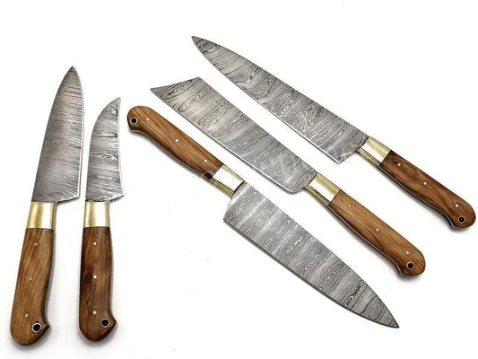 Custom Handmade Damascus Steel Japanese Knife 13” with Olive Wood Handle, Brass | 8 Inch | Damascus Steel | Kitchen Knives Set