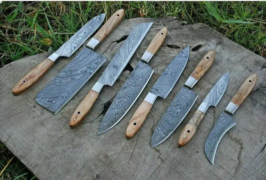 Custom Handmade Damascus Cooking Knife 13” with Olive Wood Handle, Steel Bolster | 8 Inch | Damascus Steel | Kitchen Knives Set
