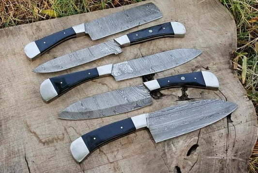 Custom Handmade Damascus Cooking Knife 13” with Black Resin Handle, Steel Bolster | 8 Inch | Damascus Steel | Kitchen Knives Set