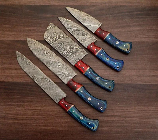 Custom Handmade Damascus Chef Knife Set - 13” with Pakka Wood Handles & Leather Roll | 8 Inch | Damascus Steel | Kitchen Knives Set