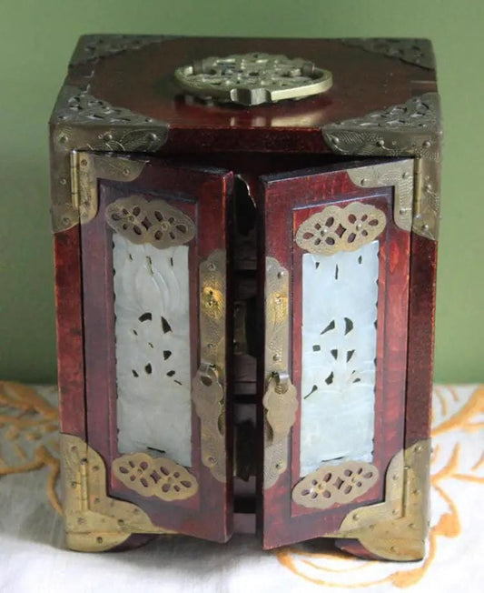 Handmade Vintage Wooden Jewelry Cabinet | Jade Insert Doors | Brass Hardware | Collectors & Hosts