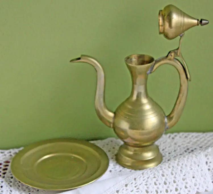 Vintage Brass Pitcher | Hinged Lid | Includes Plate | 6 Inch