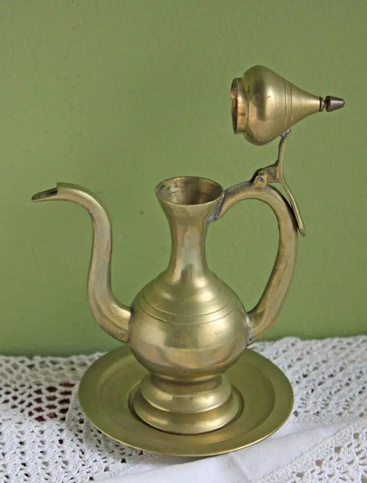 Vintage Brass Pitcher | Hinged Lid | Includes Plate | 6 Inch