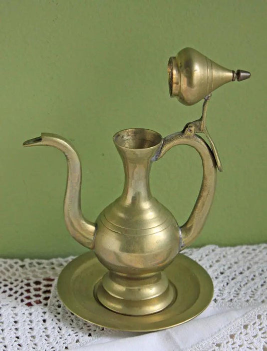 Vintage Brass Pitcher | Hinged Lid | Includes Plate | 6 Inch