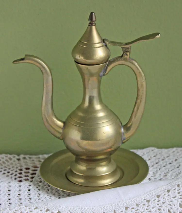 Vintage Brass Pitcher | Hinged Lid | Includes Plate | 6 Inch