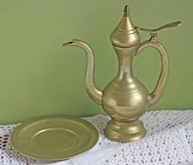Vintage Brass Pitcher | Hinged Lid | Includes Plate | 6 Inch