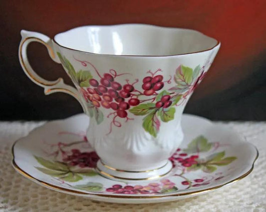 Vintage Bone China Cup And Saucer | Harvest Grapes | Embossed Detail | 3.5 Inch