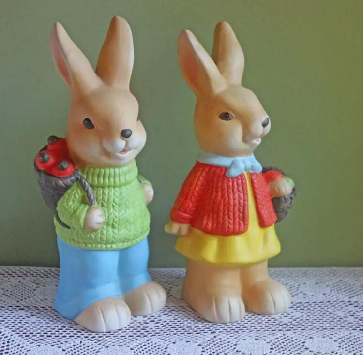 Vintage Bunny Figurines | Hand Painted Porcelain | Brown Pair | 4 To 5 Inches