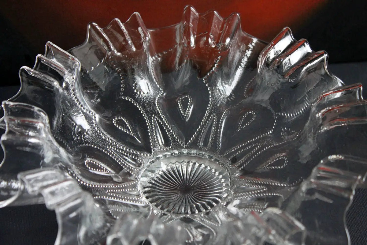 Vintage Depression Glass Bowl | Ruffled Edge | 9 Inch Diameter