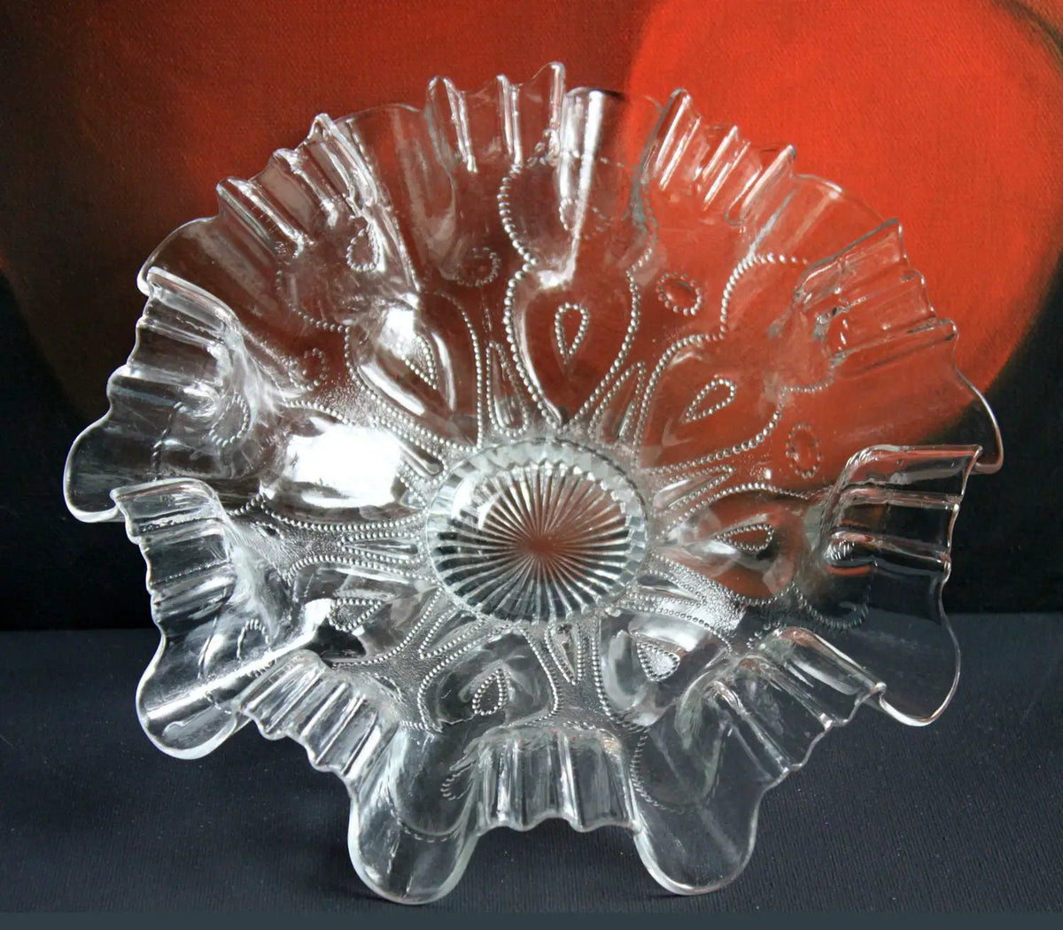 Vintage Depression Glass Bowl | Ruffled Edge | 9 Inch Diameter