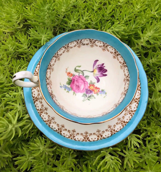 Antique Aynsley English Bone China Tea Cup & Saucer - Turquoise Floral | Cabbage Rose Pattern | Collectible Vintage | Collectors & Hosts