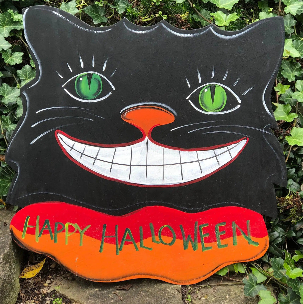 Sign on Wooden Black Cat Cutout Reading Happy Halloween | Collectible Vintage | Pre-Owned Piece | Collectors & Hosts