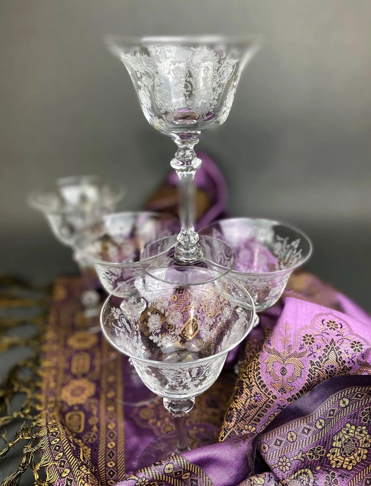 Vintage Tiffin Franciscan Champagne Stemware | Cherokee Rose Motif | Set of 8 Stunning Etched Champagne Glasses | Collectors & Hosts