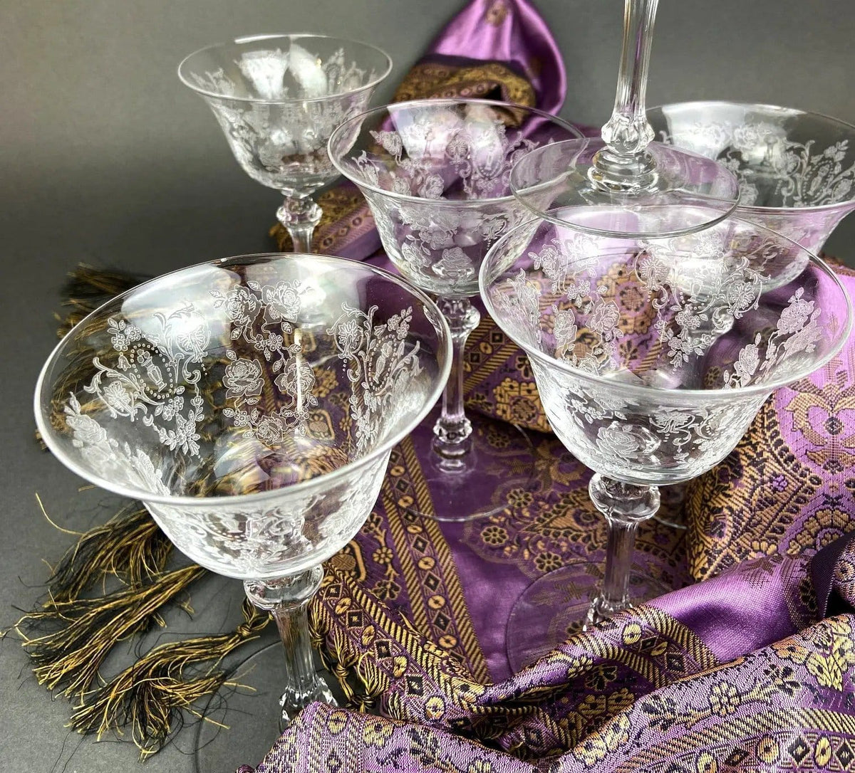 Vintage Tiffin Franciscan Champagne Stemware | Cherokee Rose Motif | Set of 8 Stunning Etched Champagne Glasses | Collectors & Hosts