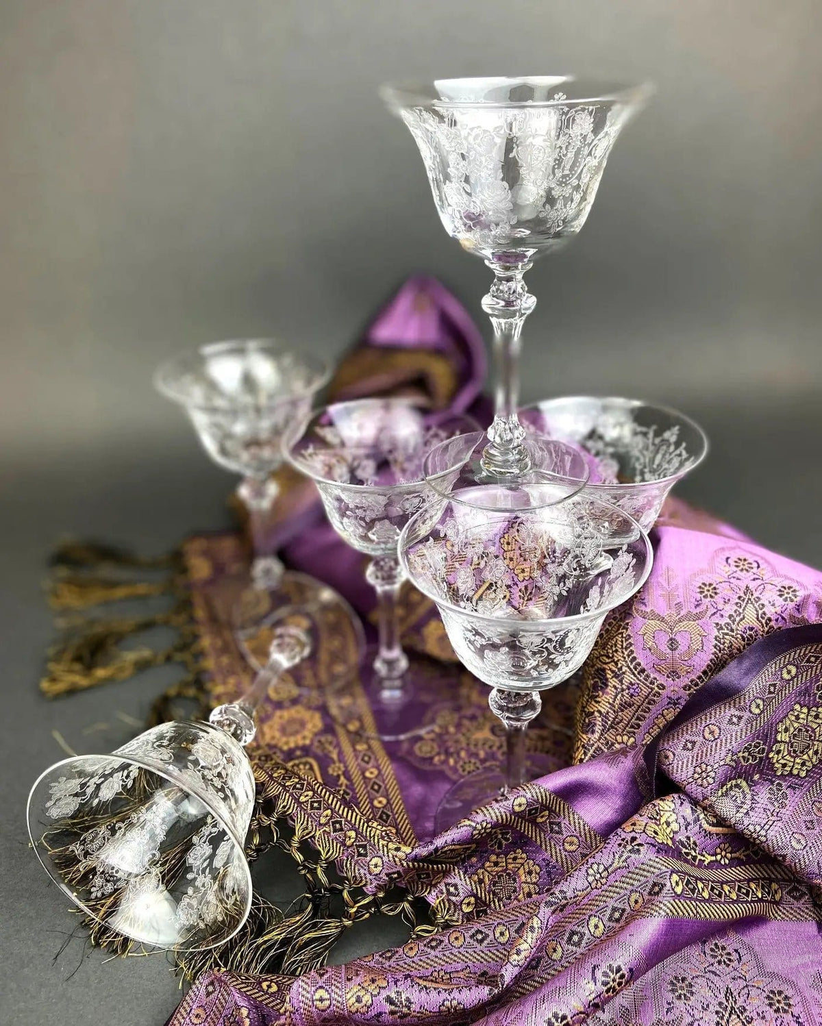 Vintage Tiffin Franciscan Champagne Stemware | Cherokee Rose Motif | Set of 8 Stunning Etched Champagne Glasses | Collectors & Hosts
