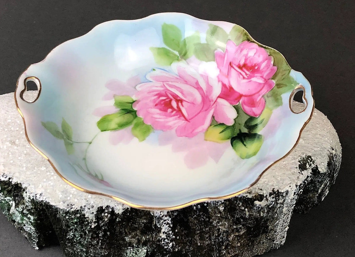 Antique Porcelain Berry Bowls in Blueberry Motif | Set of Two Small Serving Plates by Embassy Ware, Fondeville, England | Scalloped Rim | Collectors & Hosts