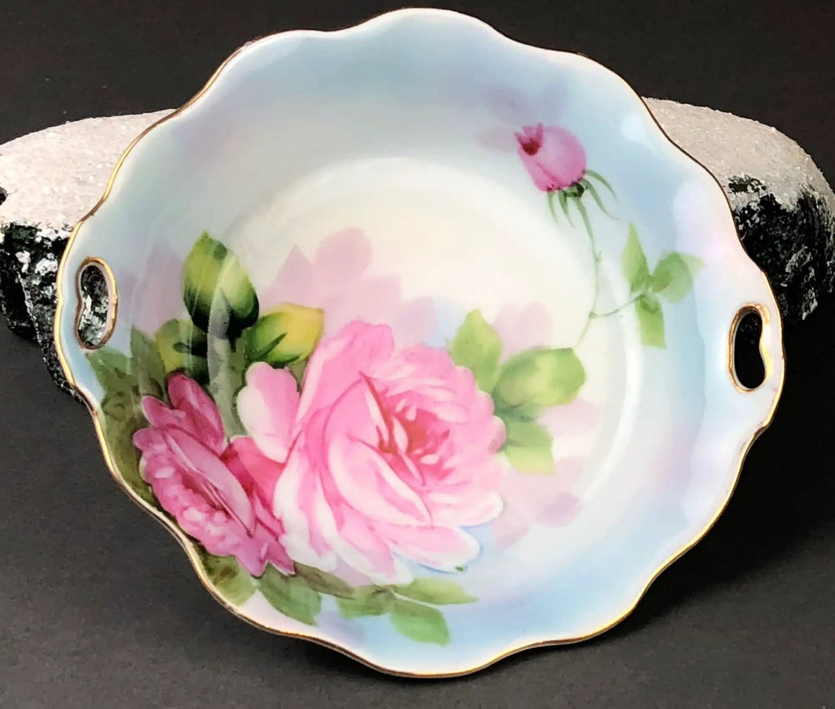 Antique Porcelain Berry Bowls in Blueberry Motif | Set of Two Small Serving Plates by Embassy Ware, Fondeville, England | Scalloped Rim | Collectors & Hosts