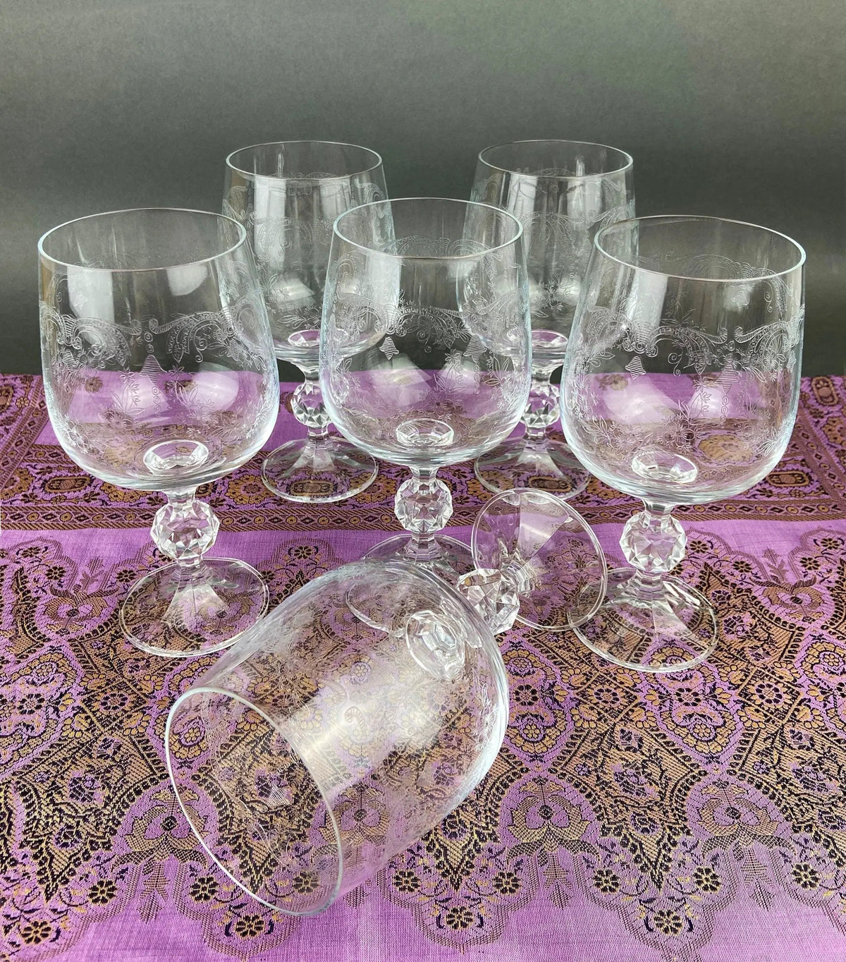 Vintage Crystal Goblets | Queens Lace Etched | Set Of 6 | 6 Inch Height