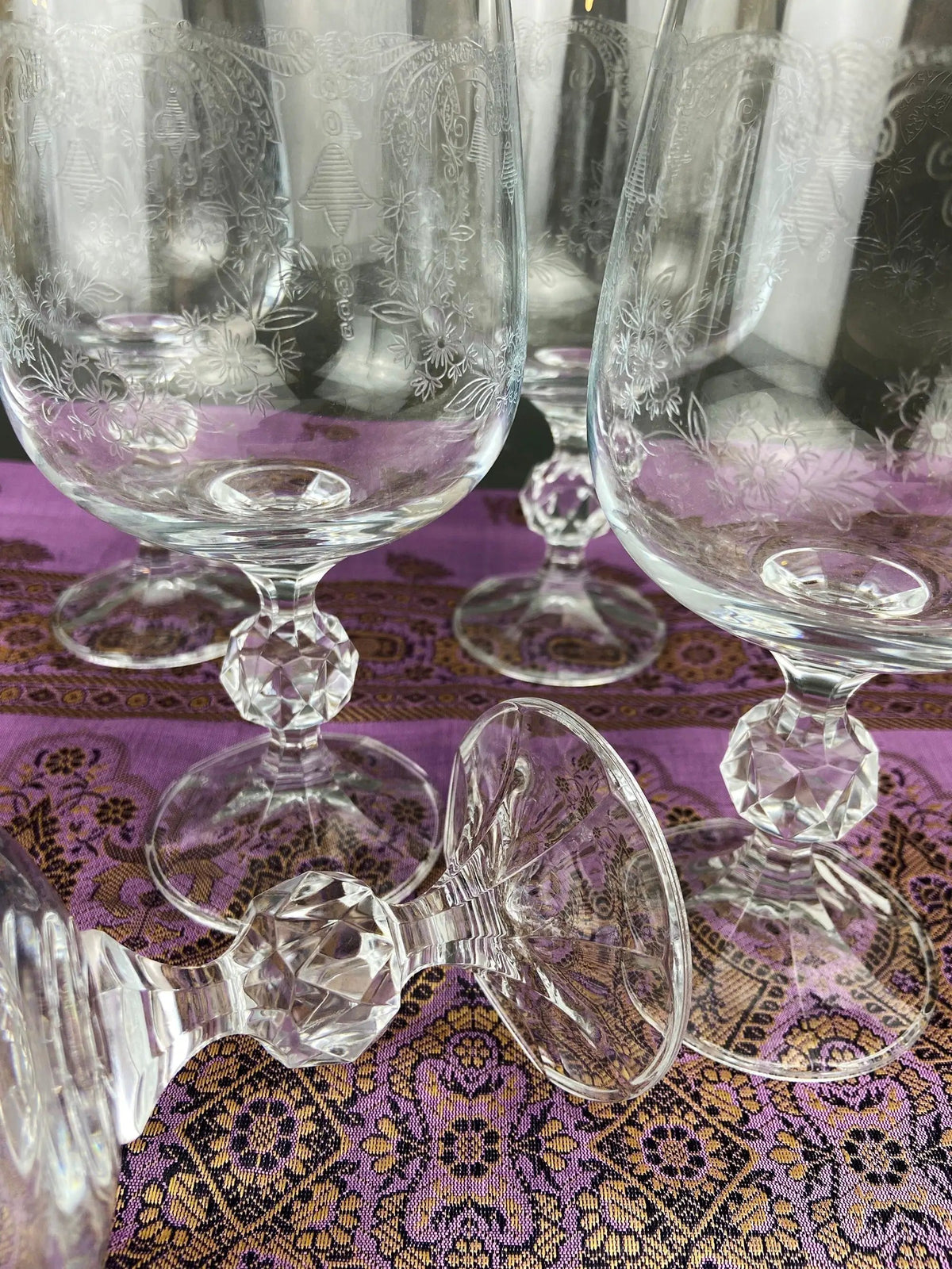 Vintage Crystal Goblets | Queens Lace Etched | Set Of 6 | 6 Inch Height