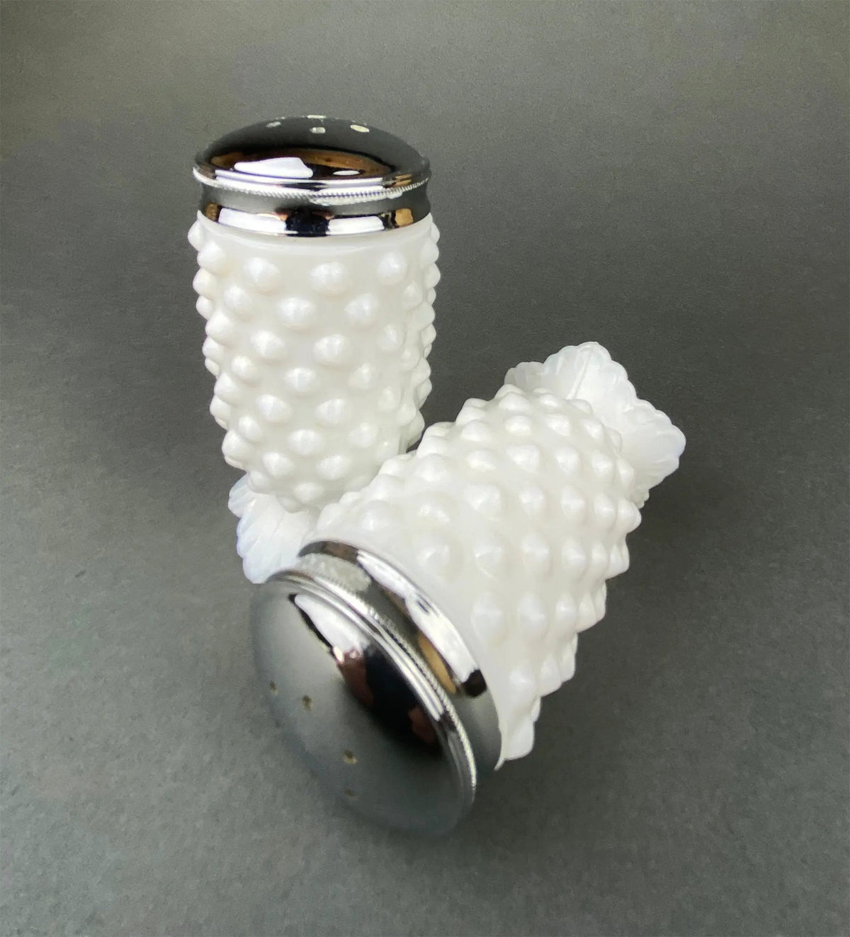 Milk Glass Salt And Pepper Shakers | Grape Vine Motif | 5 Inch Height