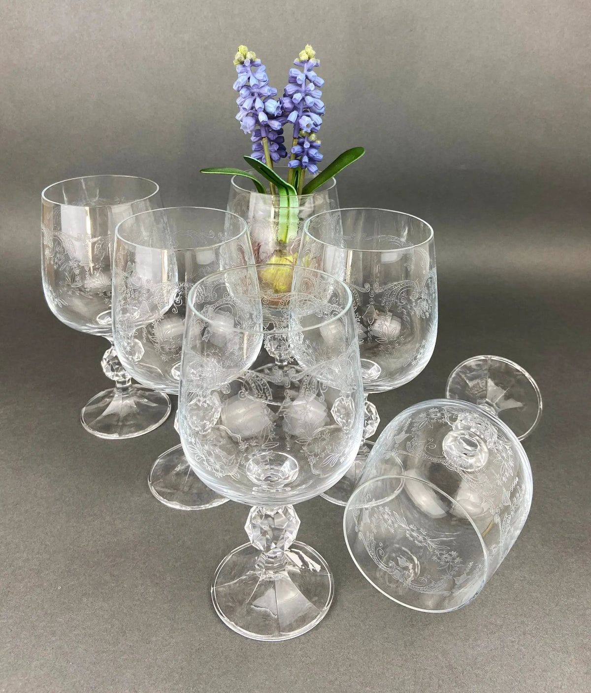 Vintage Crystal Goblets | Queens Lace Etched | Set Of 6 | 6 Inch Height