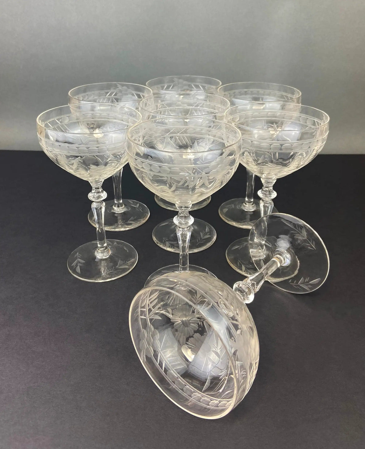 Vintage Cut Crystal Champagne Glasses | Daisy Motif | Set of 9 | 6 Oz