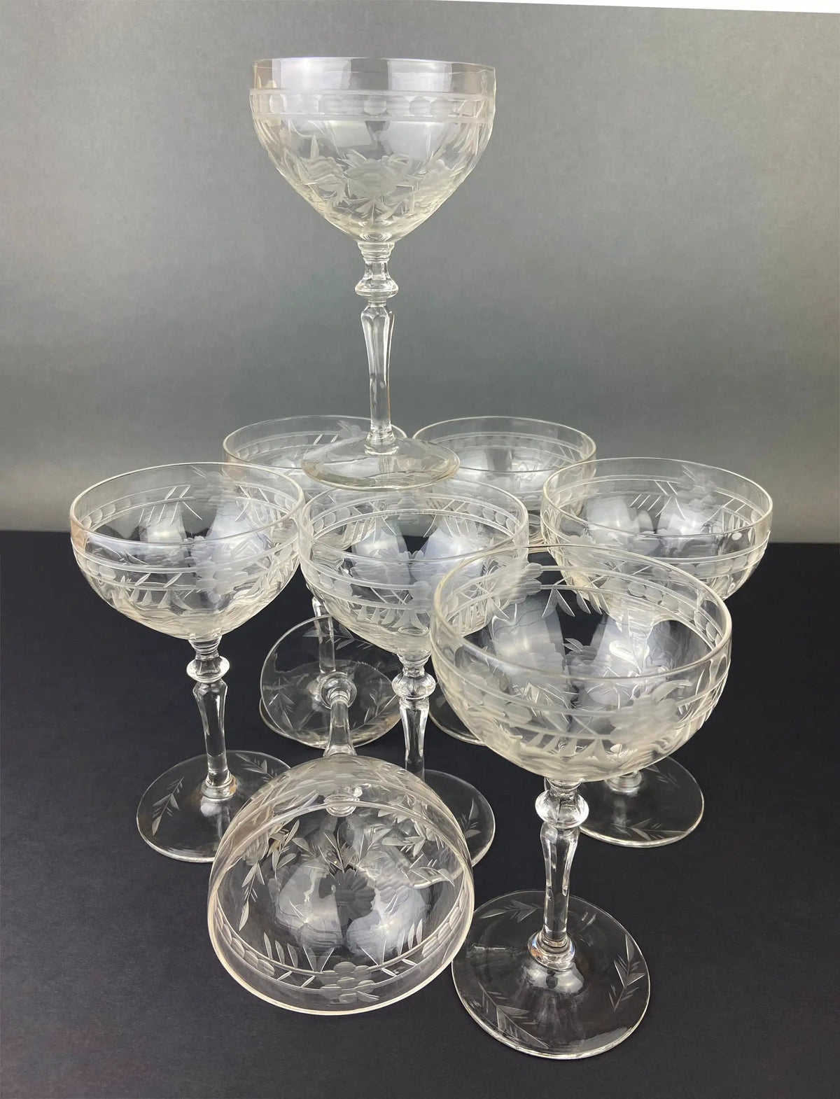 Vintage Cut Crystal Champagne Glasses | Daisy Motif | Set of 9 | 6 Oz