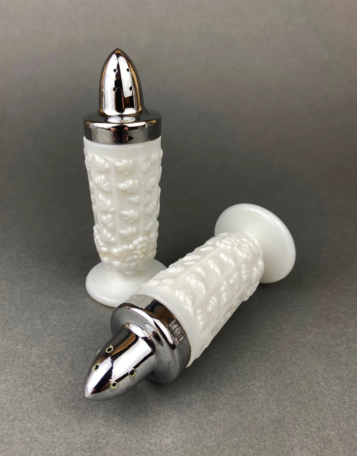 Milk Glass Salt And Pepper Shakers | Grape Vine Motif | 5 Inch Height