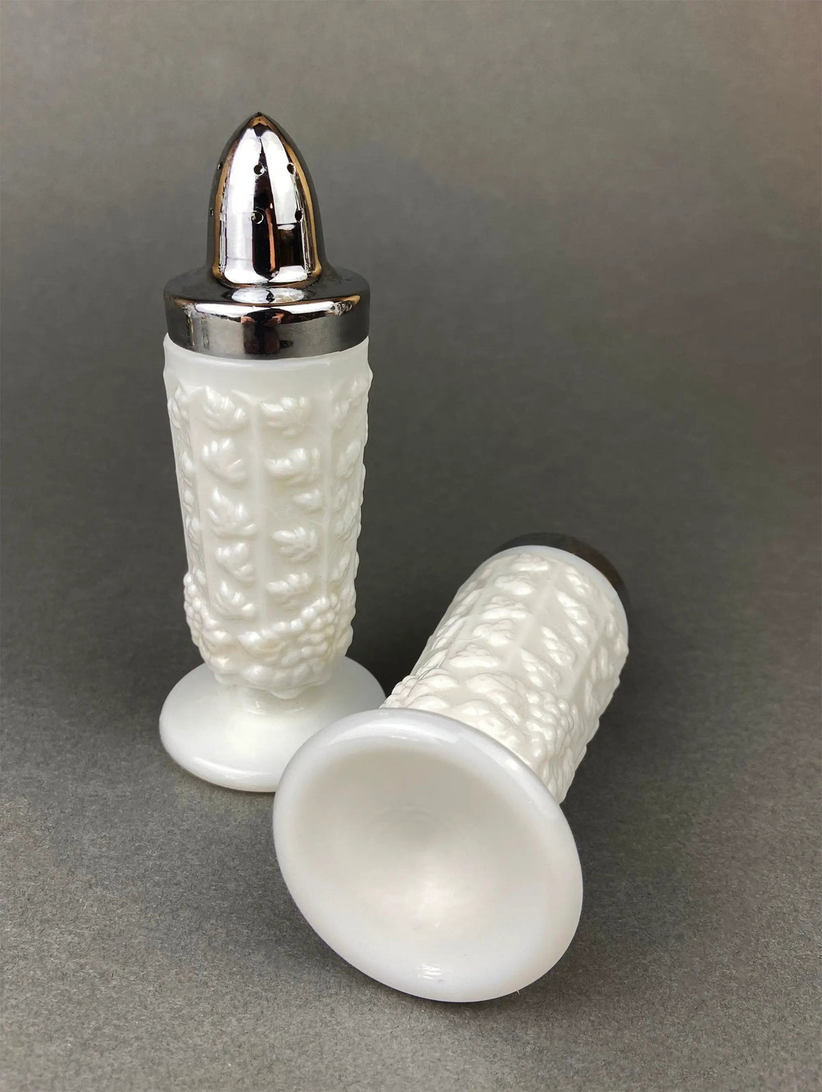 Milk Glass Salt And Pepper Shakers | Grape Vine Motif | 5 Inch Height