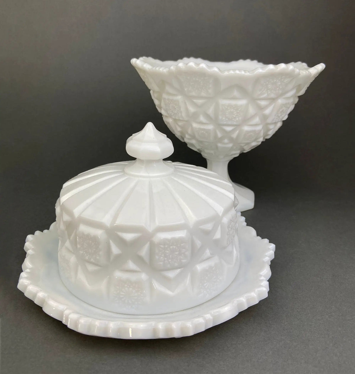 Milk Glass Bowl And Butter Dish Set | Waffle Pattern | Scalloped Edge | 7 Inch