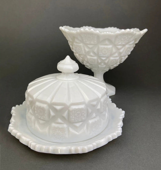 Milk Glass Bowl And Butter Dish Set | Waffle Pattern | Scalloped Edge | 7 Inch