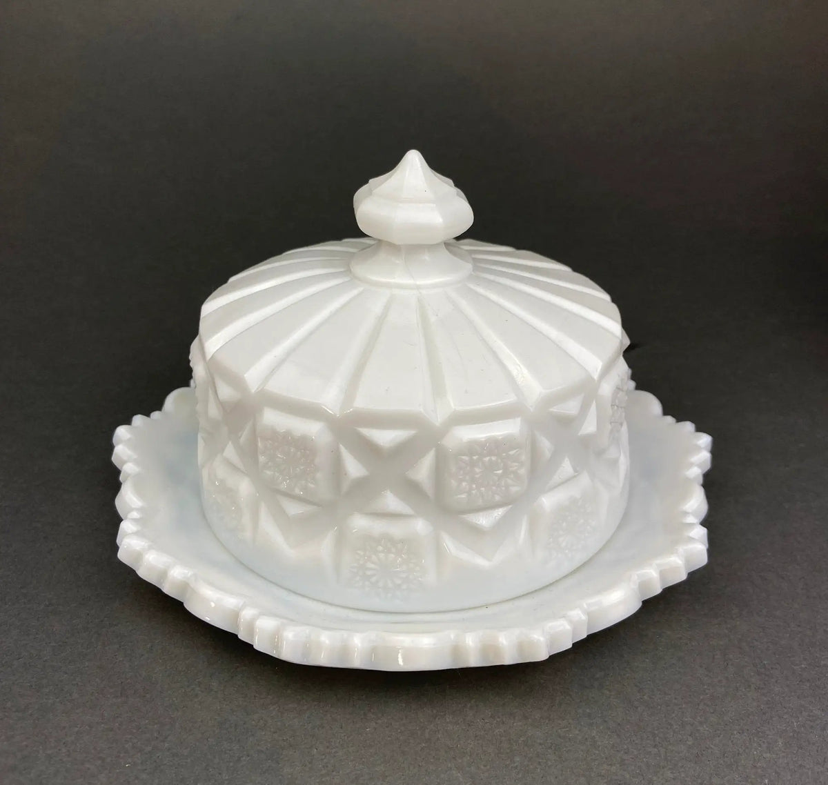 Milk Glass Bowl And Butter Dish Set | Waffle Pattern | Scalloped Edge | 7 Inch