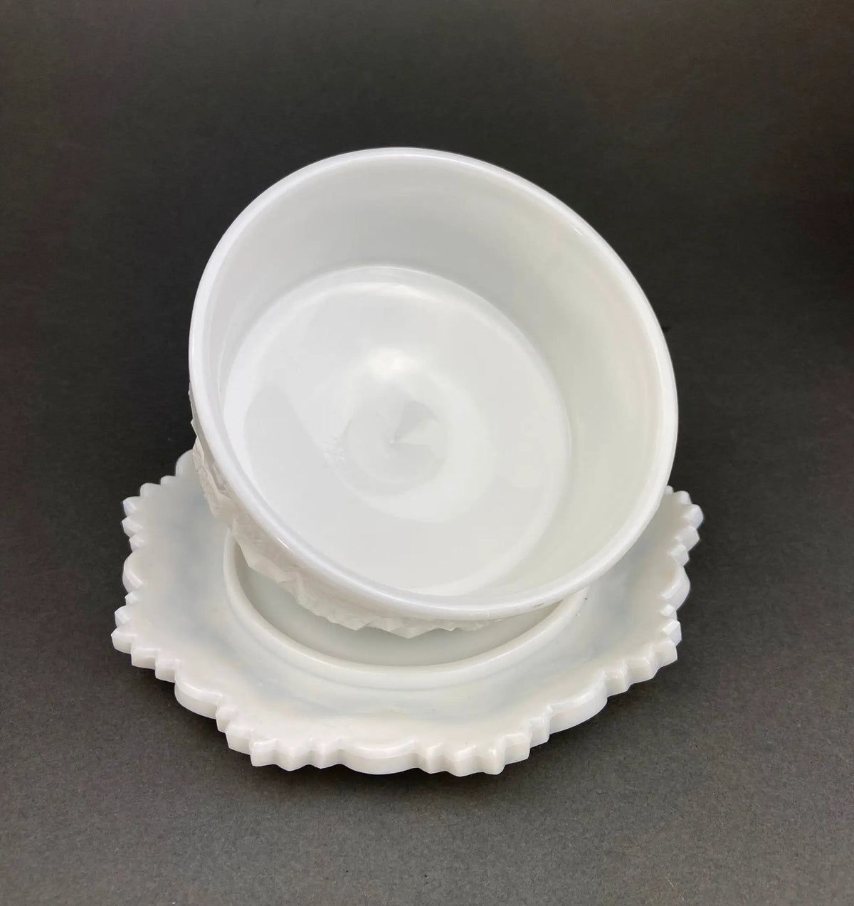 Milk Glass Bowl And Butter Dish Set | Waffle Pattern | Scalloped Edge | 7 Inch